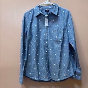 J. Crew Chambray Hearts Button Up Shirt in Signature Fit Size M NWT